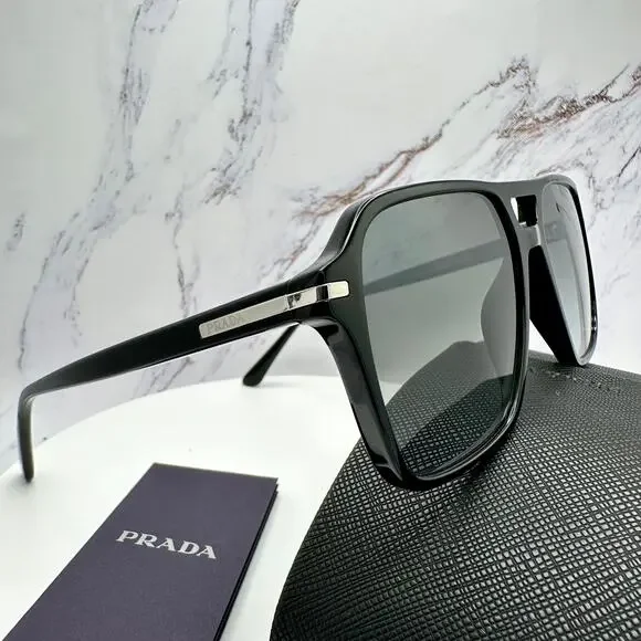 NEW PRADA Sunglasses Black Aviator Pilot 55-17mm Grey Lens Silver Logo
